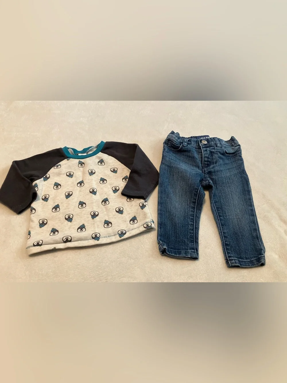 Penguin Print Raglan Top & Denim Jeans Set